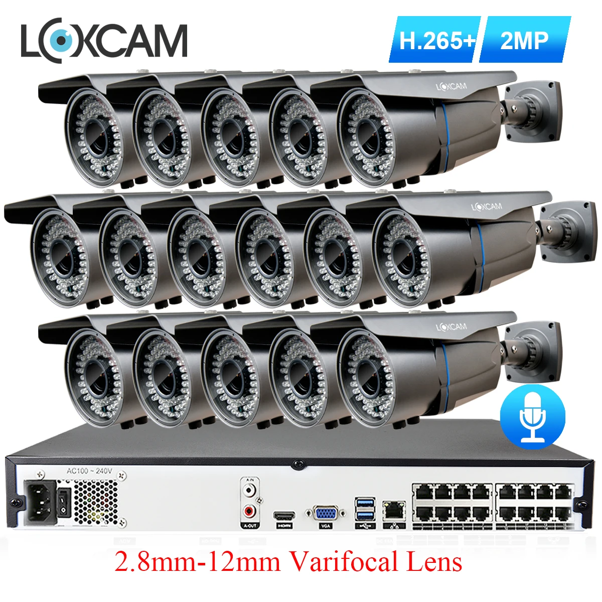 Водонепроницаемая IP камера LOXCAM H.265 + 16 каналов 5 МП POE NVR 48 В 2 1080P 25 кадров/с 8 12