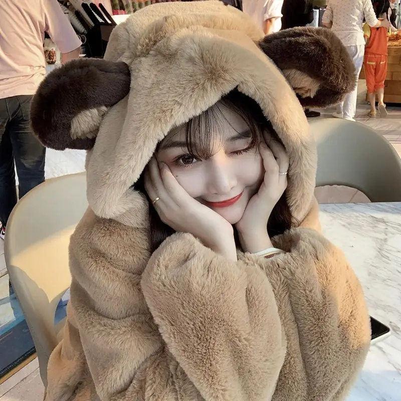 

Winter New Jackets Woman Cute Patchwork Student Hooded Loose Fur Coats Plus Velvet Thick Women Clothes Fashion Warmth Coat