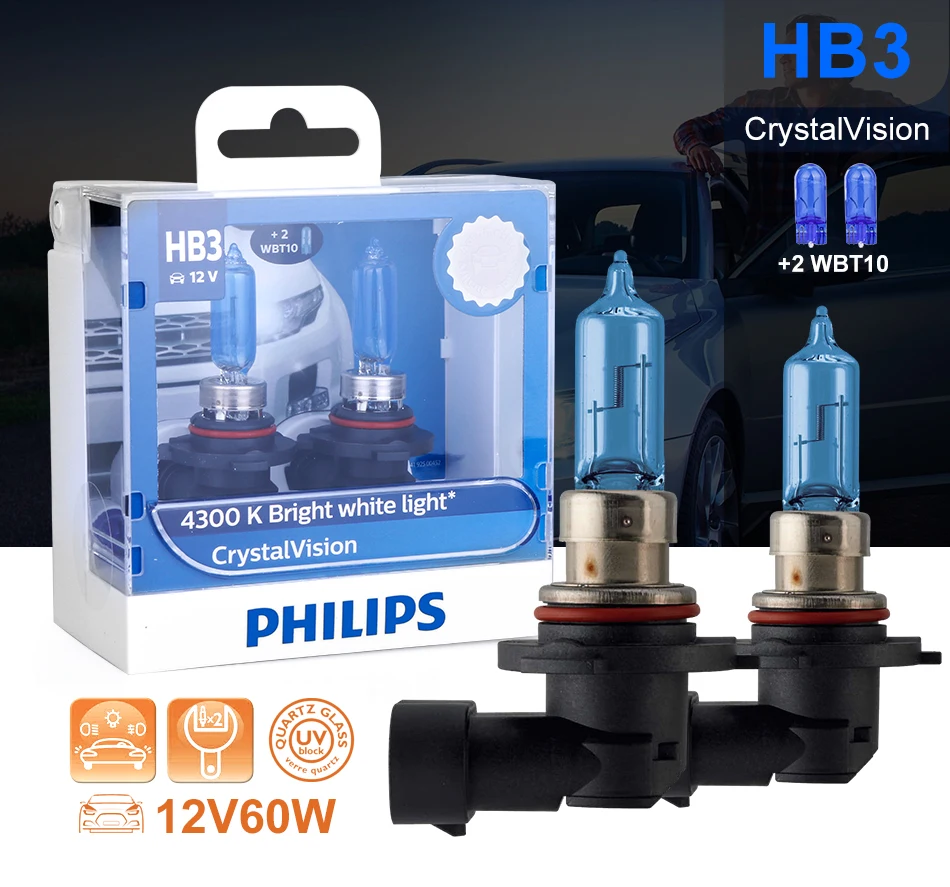 Philips HB3 галогенный 60/65 Вт 12 В Crystal Vision 4300K яркий белый светильник, автомобильная лампа 9005, головной светильник T10, оригинальные аксессуары для автомобиля, 2 шт