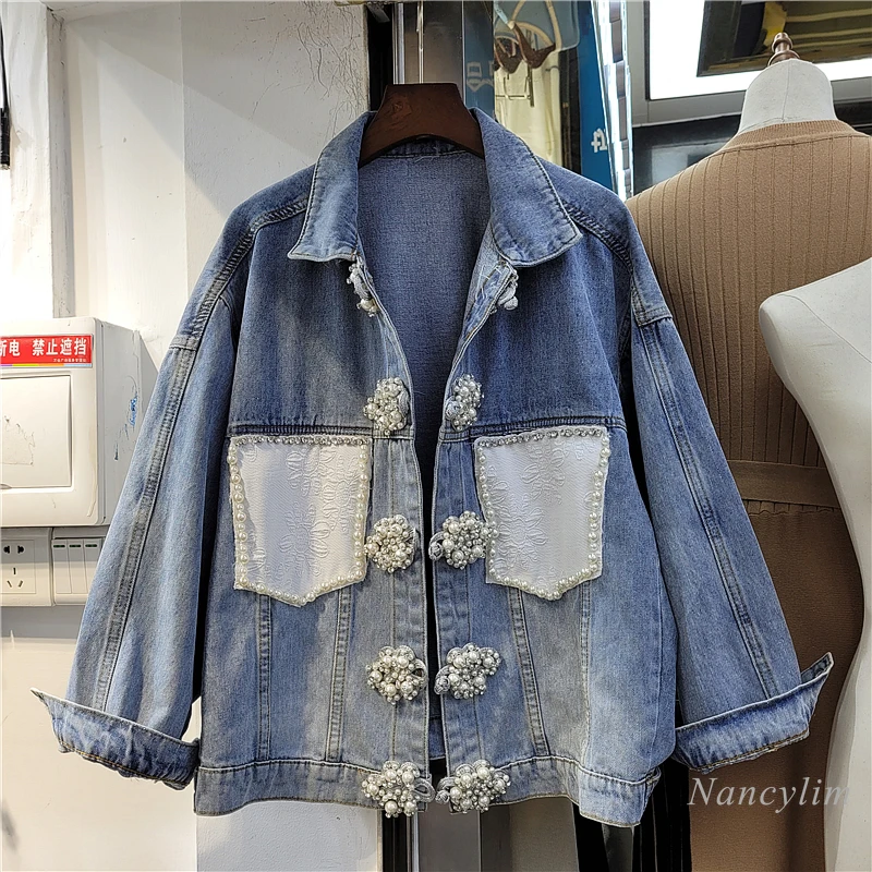 

Fashion Denim Coat Women Spring Autumn New Pearl Beaded Knot Button Top Temperament Jean Jacket Female Outwears Overcoat