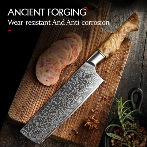 HEZHEN 7-дюймовый нож Nakiri, настоящий 67-слойный дамасский супер стальной нож для резки мяса, рыбы, овощей, острое лезвие, кухонный нож для повара