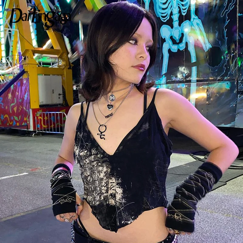 

Darlingaga Mall Goth Tie Dye Print Strap Cami Tops Streetwear Retro Summer Crop Top Women Dark Academia Short Camisole Party Hot