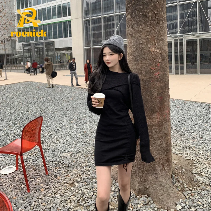 

ROENICK Women Bodycon Dress Knit Sweater Two Pieces Sets Strapless Mini Pleated Skirts Cloak Outfits Fashion Black Robe Vestidos