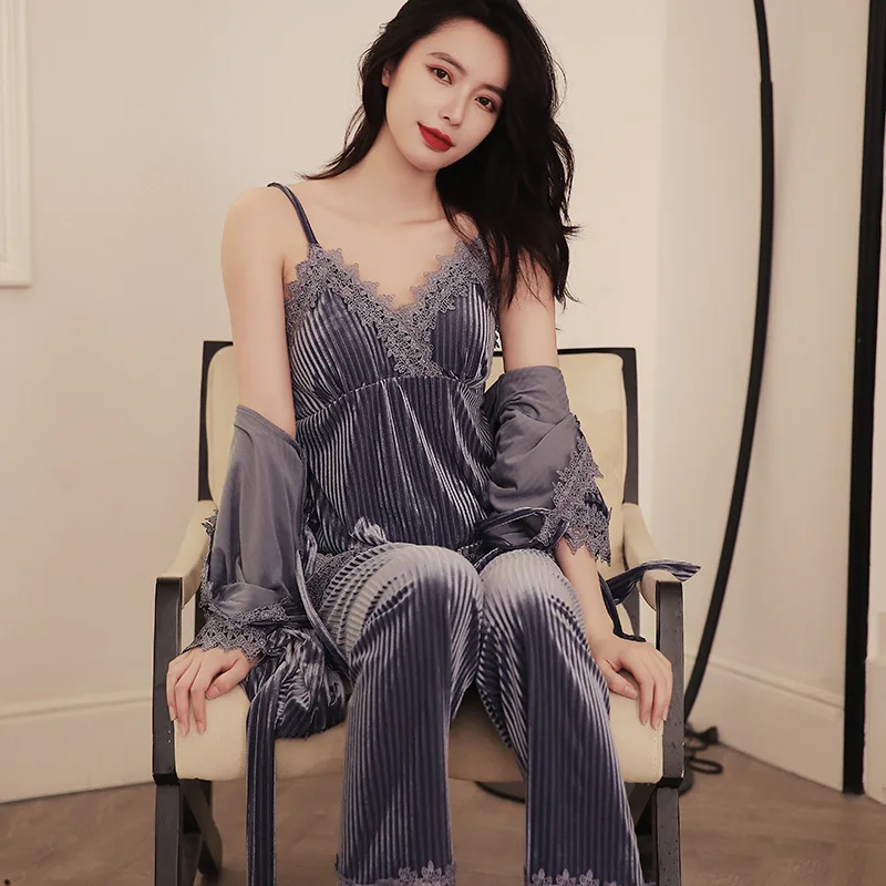 

VELOUR 3PCS Pajamas Set Sleepwear Female Nightwear Intimate Lingerie 2021 Autumn New Homewear Kimono Bathrobe Gown Pyjamas