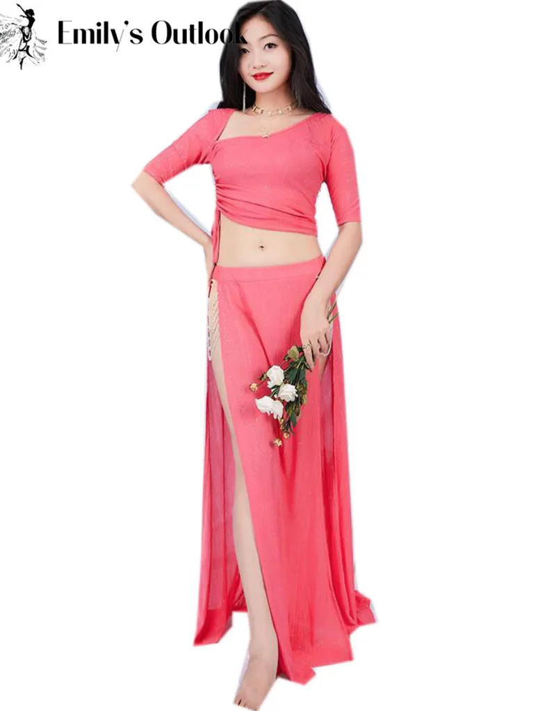 

Sexy Belly Dance Practice Wear Women Adults Oriental Dancing Clothing 2 Piece Exotic Long Skirt Shine Water Yarn Red New Arrival