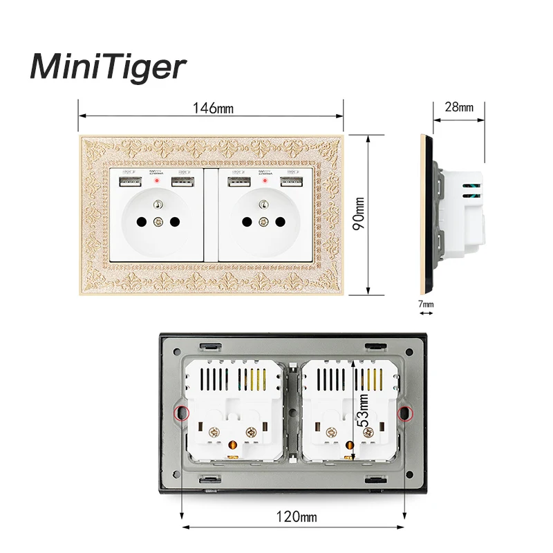 Настенная розетка Minitiger 2 клавиши французская стандартная с 4 USB портами для