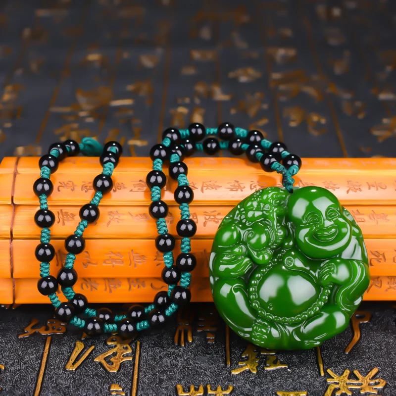 Chinese Natural Green Jade Maitreya Buddha Pendant Necklace Hand-carved Charm Jadeite Jewelry Fashion Amulet Gifts for Men Women | Украшения