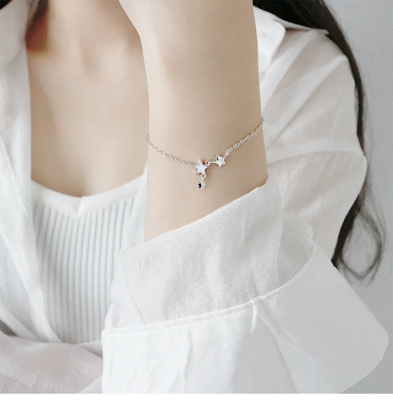

POFUNUO Sweet and Cute Five-Pinted Star silver bracelet Starry Literary Student 925 Sterling For women Boho Beach Bangle Jewelry