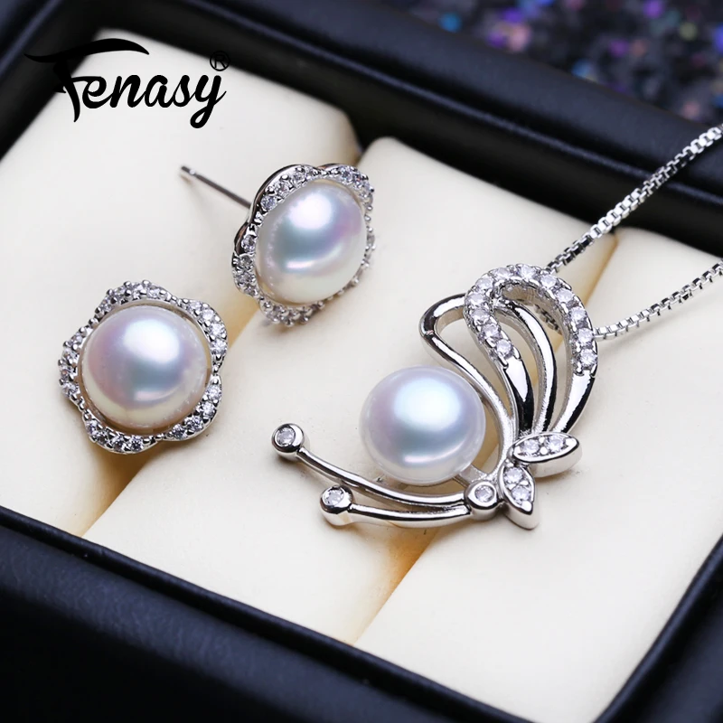 

FENASY Wedding Jewelry Sets Natural Pearl Stud Earrings Silver Color Fashion Party Anniversary Pendant Chain Necklaces For Women