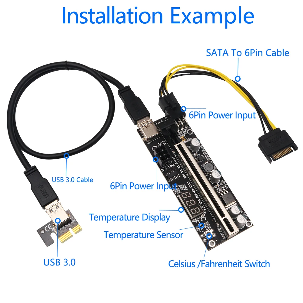 Переходник TISHRIC VER12X с датчиком температуры PCI-E PCIE PCI E Express Card GPU 1X to X16 USB кабель