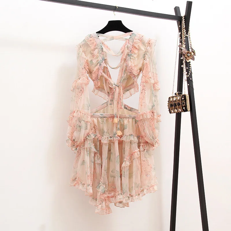 

Sweet Print Ruffles Dress Female Lantern V Neck Long Sleeve Hollow Out Backless Bandage Women Dresses Vestidos Robe