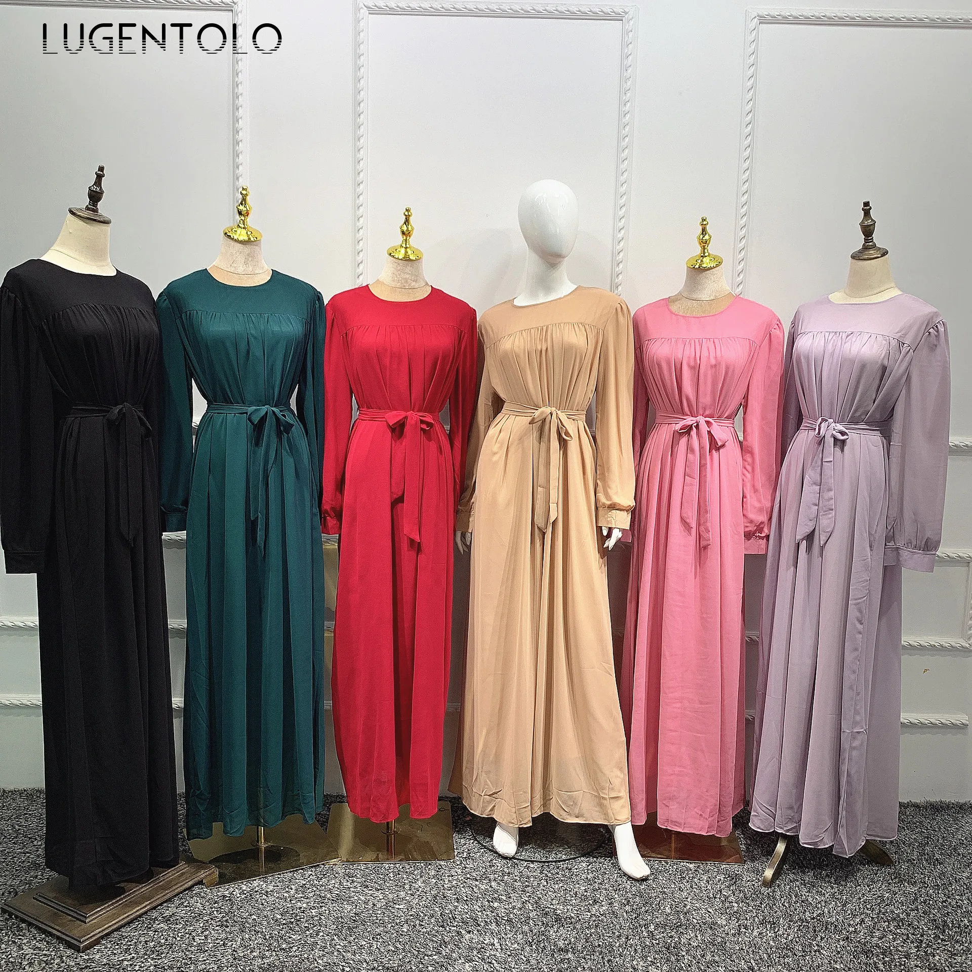 

Lugentolo Women Elegant Dress Fashion Muslim Solid Long Sleeve Ankle-Length Chiffon Dinner Big Siing Lady Casual Long Dresses