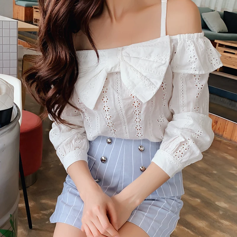 

Dabuwawa White Elegant Workwear Bow Tied Neck Off Shoulder Sexy Blouse Women Weekend Casual Shirt Top Female D18CST057