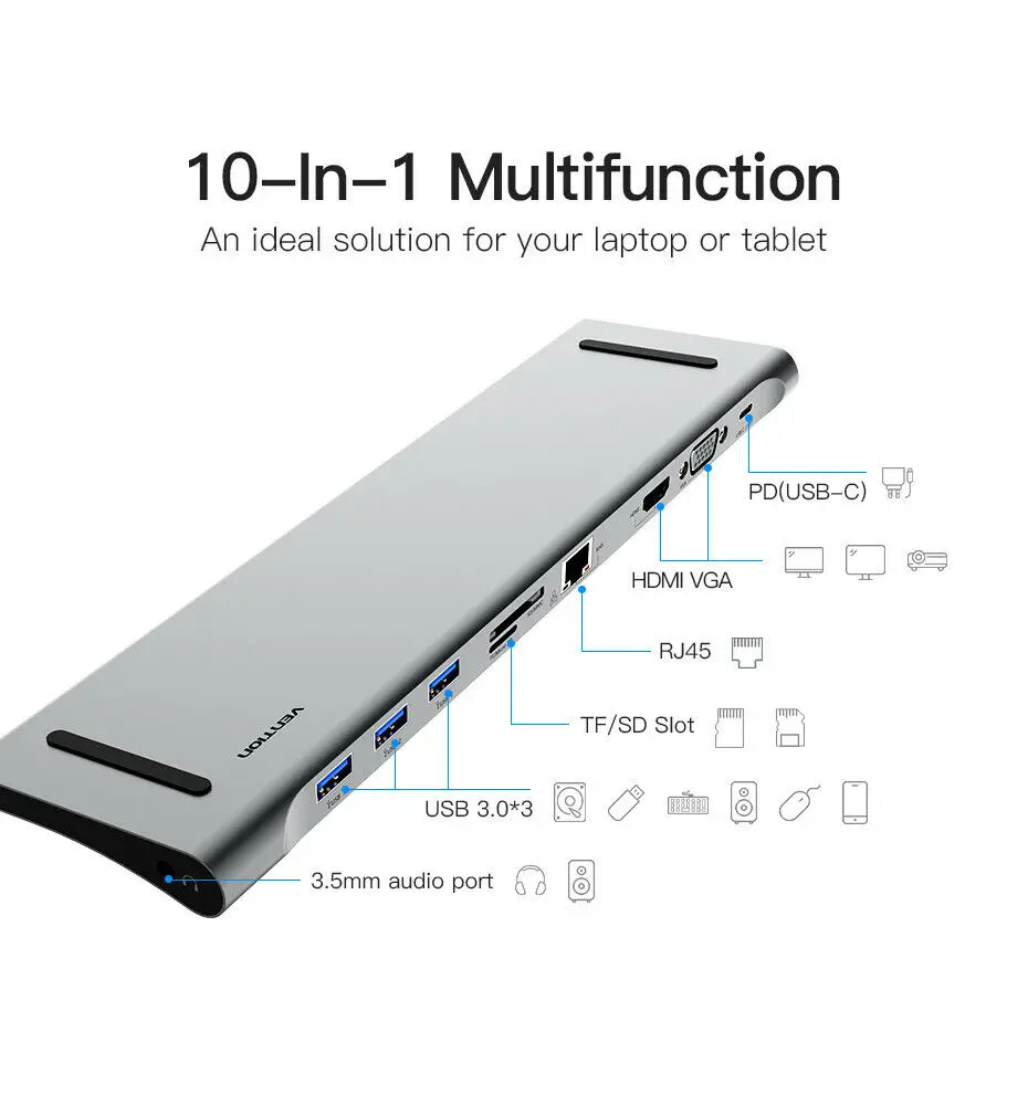 Алюминиевый 10 в 1 концентратор usb type C к USB3.0 TF HDMI VGA RJ45 Мини DP док станция адаптер для