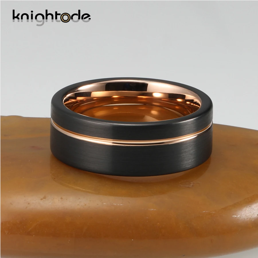 Двухцветное 8 мм черное кольцо из карбида вольфрама розовое золото офсетная
