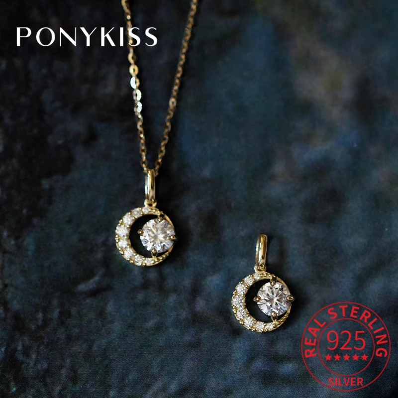 

PONYKISS Trendy 925 Sterling Silver Moon Zircon14K Gold Pendant Necklace For Fashion Women Fine Jewelry Party Drop Shipping