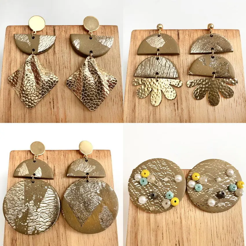 

Geometric Morandi Gold Color Foil Paint Polymer Clay Earrings for Women New Designer Earrings Round Semicircle Handmade Jewelry