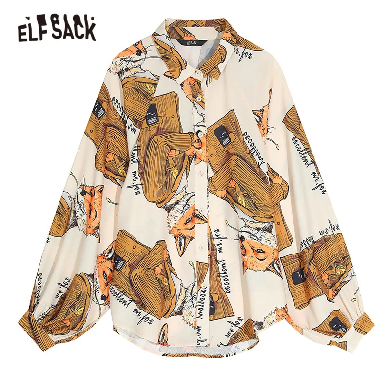 ELFSACK с принтом лисы, винтажная шифоновая блузка, рубашки для женщин,, зимний Корейский стиль, на одной пуговице, рукав-фонарик, офисный женский топ