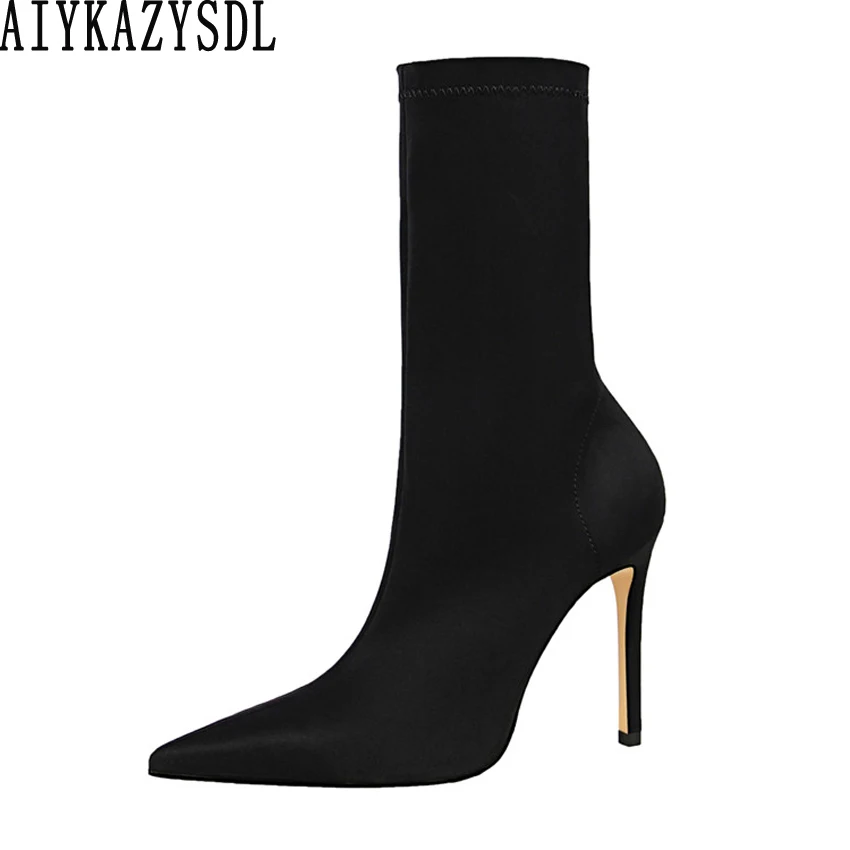 

2022 AIYKAZYSDL женские туфли с острым носком, Стрейчевые ботильоны, осенне-зимние ботинки, обувь на высоком каблуке, женская обувь на шпильке