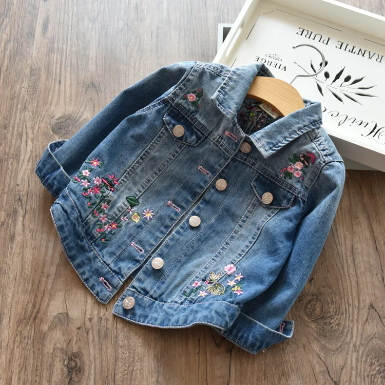 

New Fashion Kids Girls' Coat Embroidered Flower Lapel Denim Coat