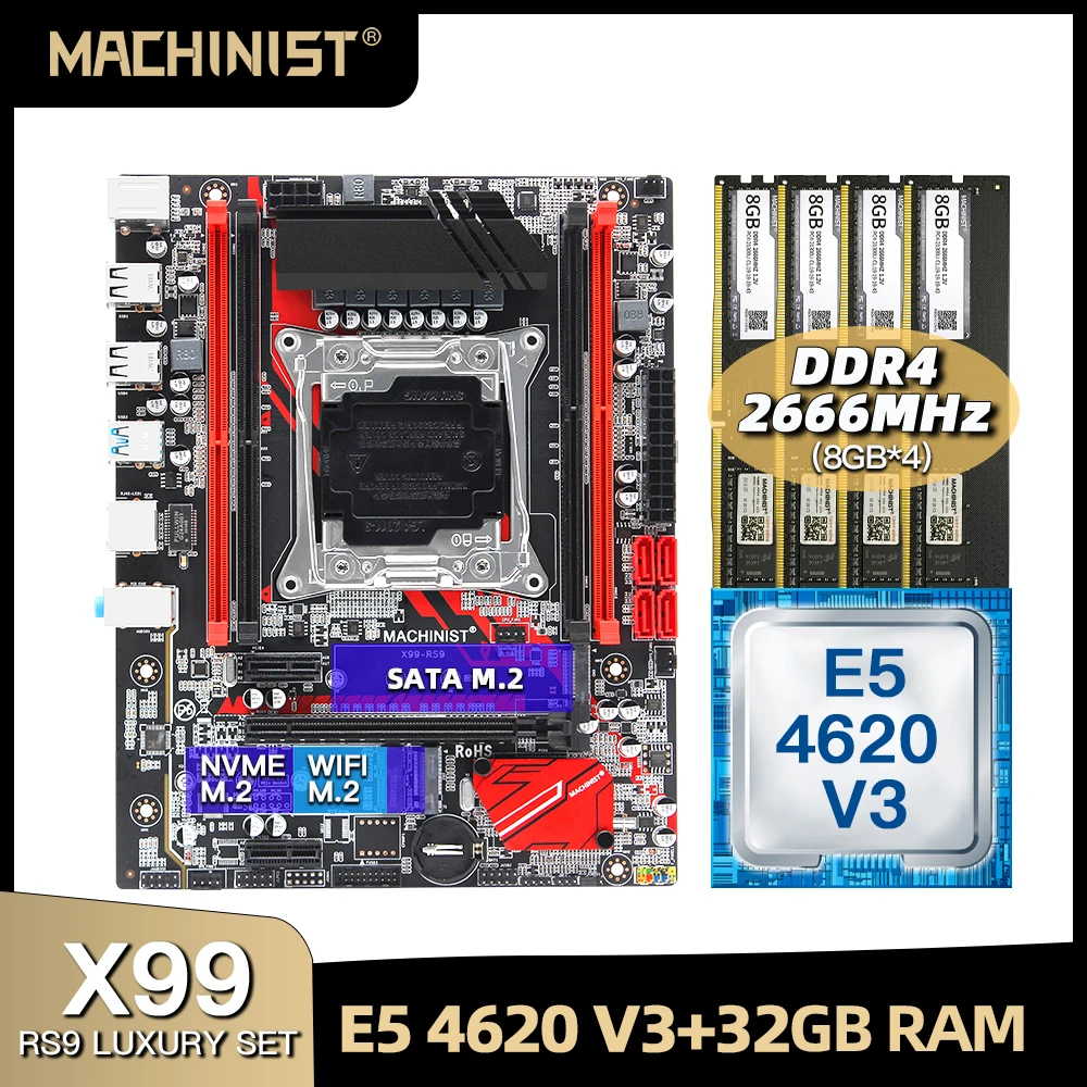 Billig X99 Motherboard LGA 2011-3 Set Kit Mit Intel Xeon E5 4620 V3 Prozessor DDR4 32GB(4*8GB) 2666mhz RAM Speicher M-ATX X99-RS9