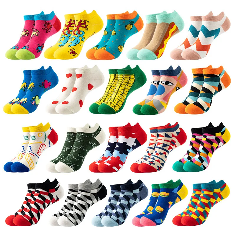 4 pairs Men's And Women's Latest Design Boat Socks Short Summer Socks Quality Business Geometric Lattice Colorful Cotton Socks