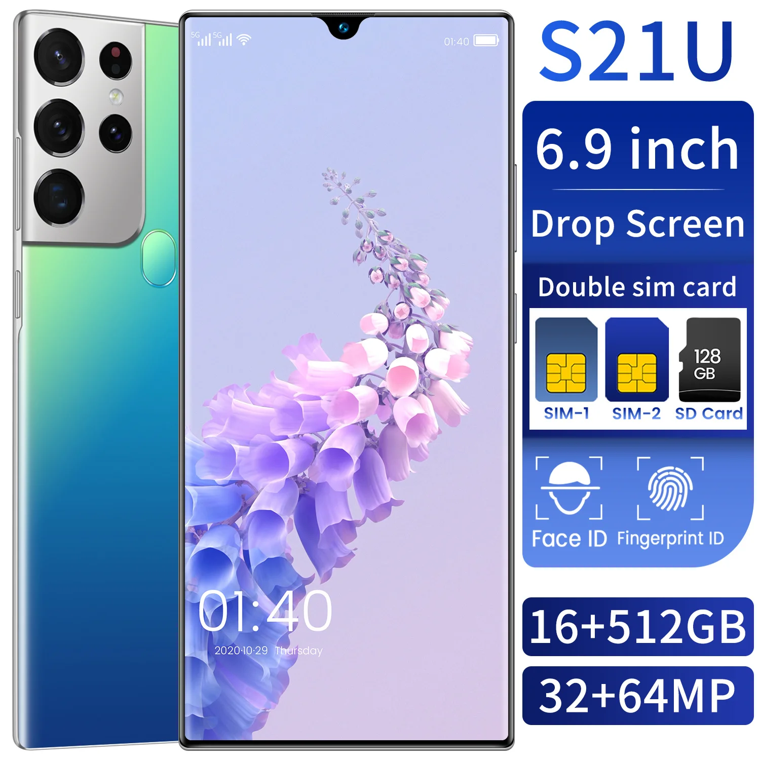 

S21U Android11 6800mAh Big Battery Deca Core CPU 16GB RAM 512GB ROM Mobile Phone 6.9 Inch 32+64MP Rear Cameras Newest Smartphone