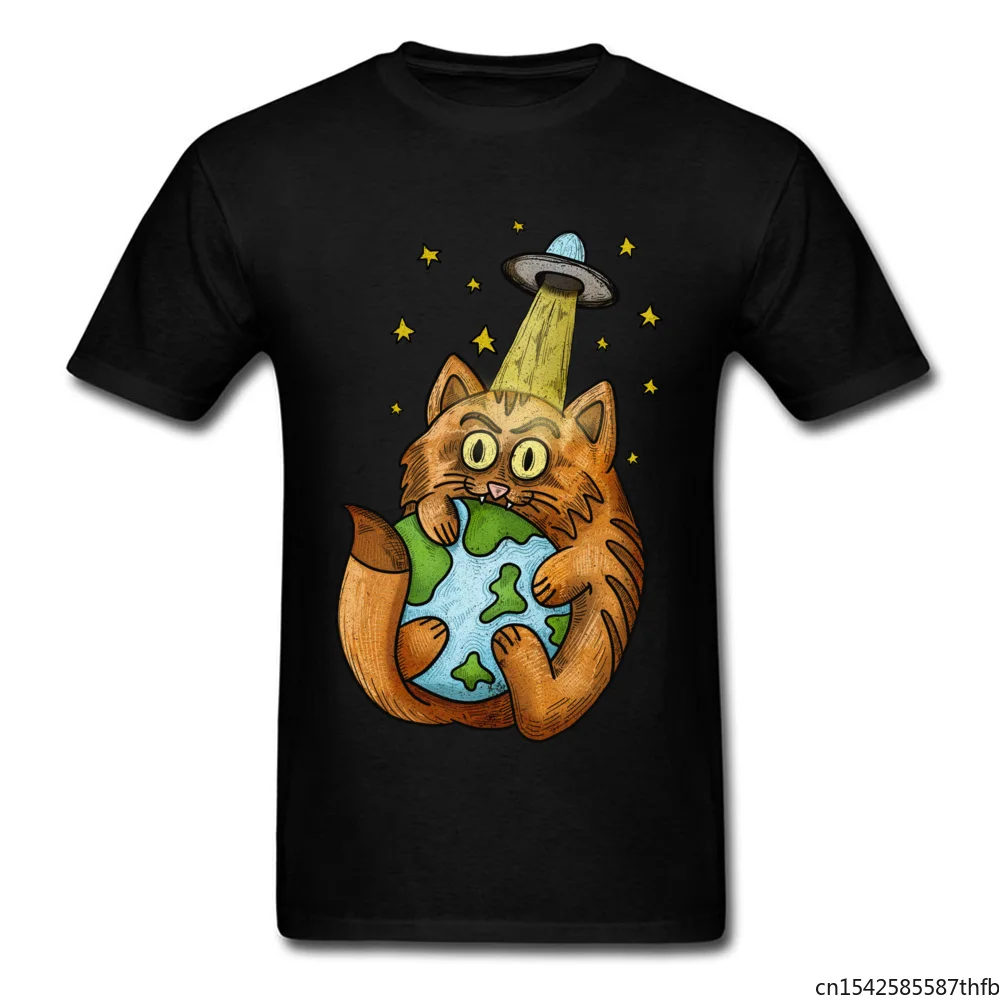 

Cat Space UFO Design Tops Shirts Crewneck Pure Men T Shirt Design Male Tee Shirt Newest