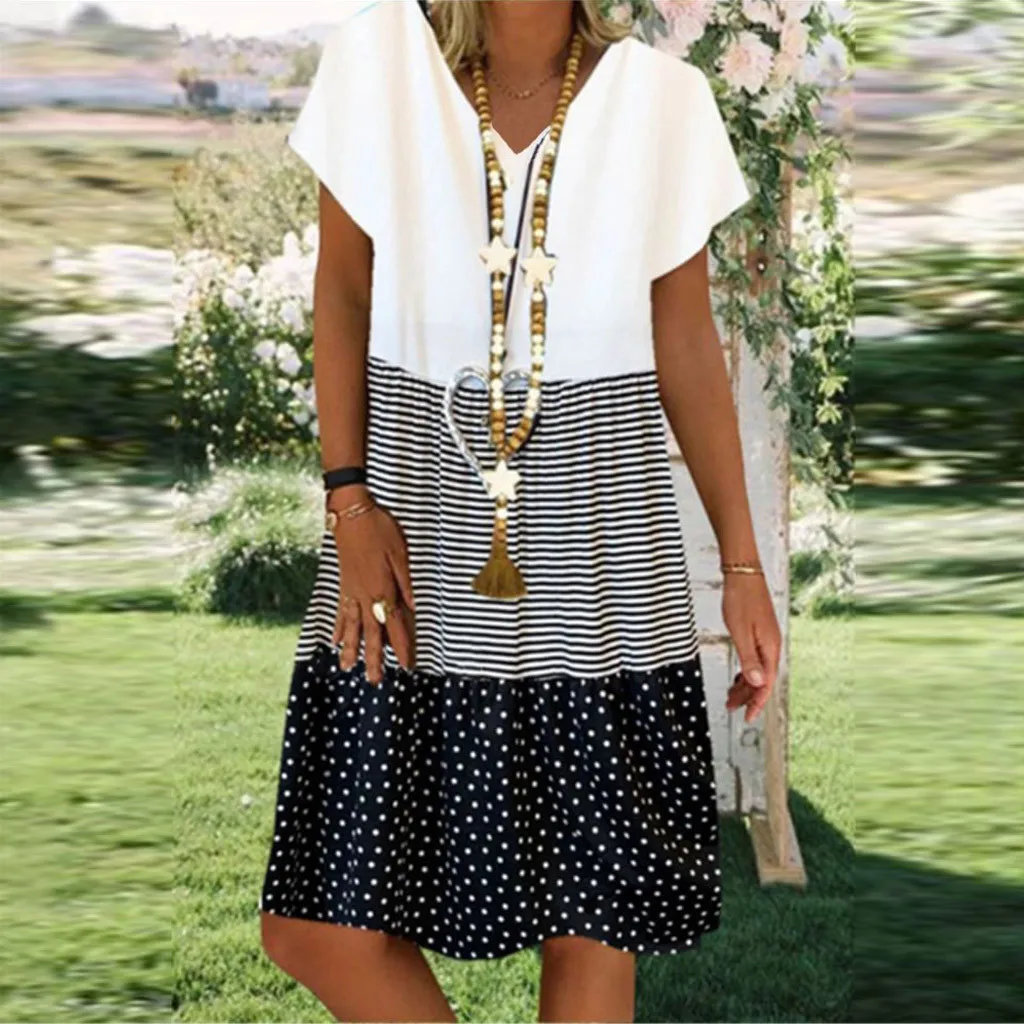 

Vintage Maxi Dresses For Women Long Dress Prom Dresse Fashion Women Casual Loose Stripe Dot Patchwork V-neck Short Sleeves Dress