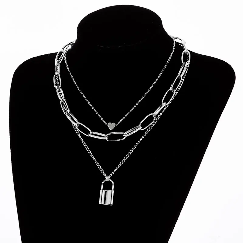 Heart Lock Silver Женское многослойное ожерелье KMVEXO, серебряные цепи с крестиком - Окраска металла: Heart Lock Silver