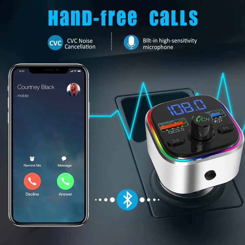FM передатчик Bluetooth для автомобиля/FM модулятор 6 цветов с подсветкой LED, беспроводной радиоадаптер для автомобиля с зарядкой QC3.0