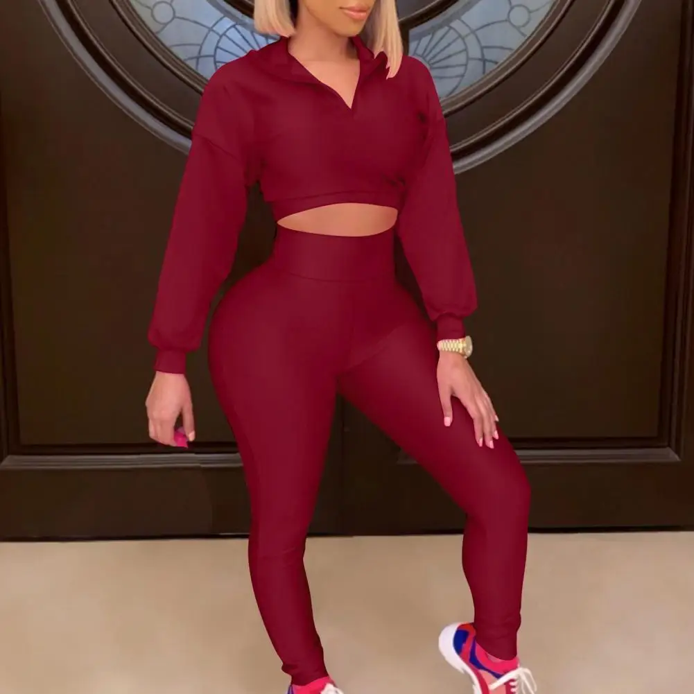 

2 шт./компл. однотонная спортивная одежда, Женский костюм с брюками, короткий топ с длинным рукавом и V-образным вырезом, облегающие леггинсы, ...