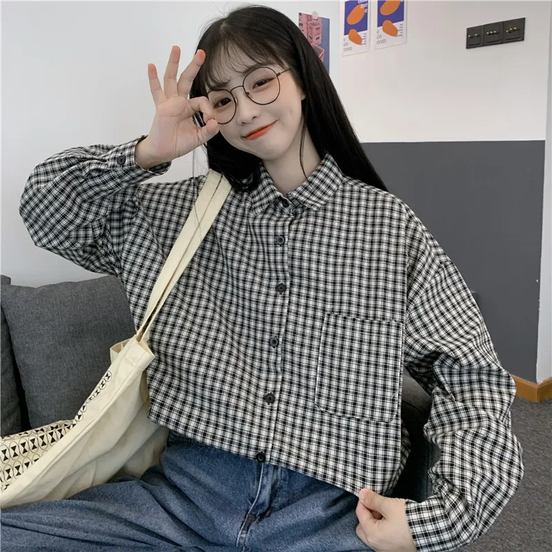 

Japanese Small Plaid Spring Women'S Shirt Lapel Long Sleeve Student Girl Fashion Retro Shirt Boyfriend Pocket Chic Blouse Women