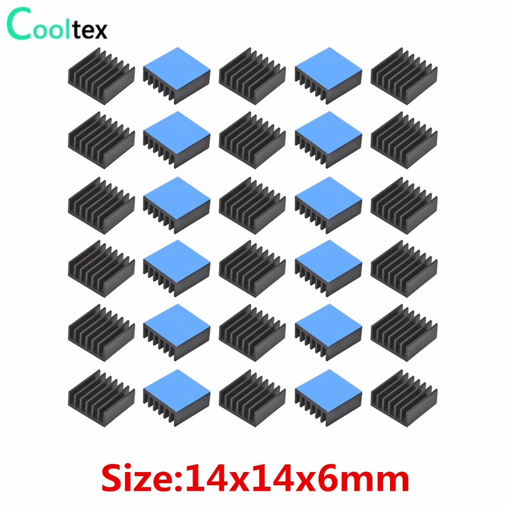 30 шт. алюминиевый радиатор 14x14x6 мм радиатор охлаждающий охладитель для электронных чипов 3D принтер с теплопроводящей лентой