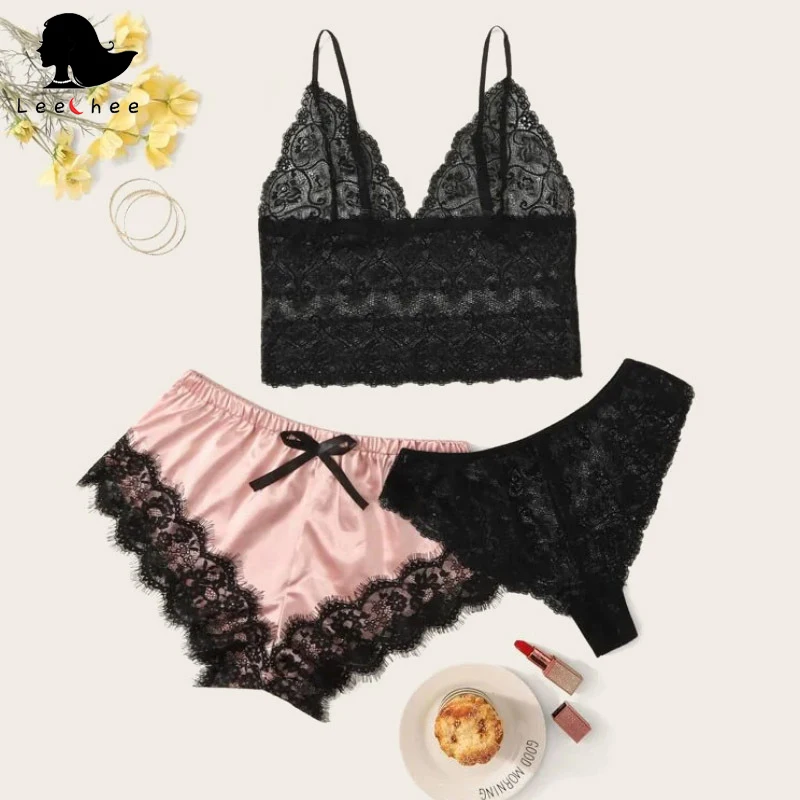 Пикантная женская пижама Leechee кружевной бюстгальтер на бретелях с ажурным