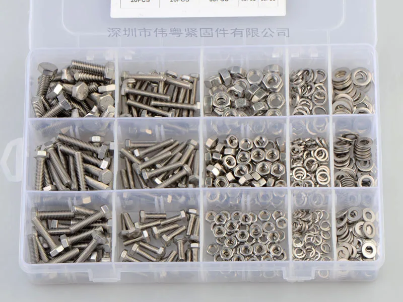 

510pcs M4 M5 M6 foreign trade stainless steel 304 outer hexagon screw with hexagon nut flat elastic pad combination set DIN933