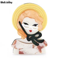 wulibaby acrylic wear hat lady brooches for women taking holiday girl figure fashion brooch pins gifts