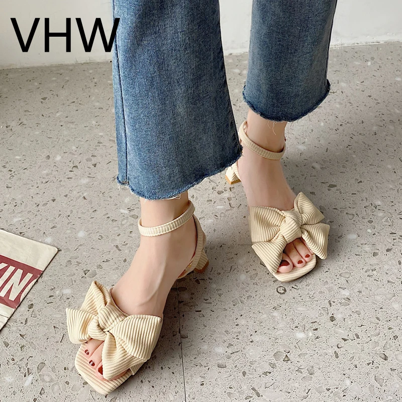 

Women High Heels Sandals 2021 Summer Fashion Ladies Open Toe Shoes Chunky Heels Elegant Beige Big Bowknot Ankle Strap Sandals