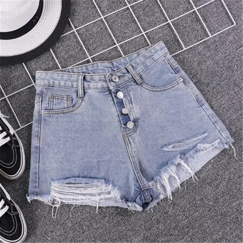 

2020 New Summer Shorts Four-button Buckle High Waist Denim Shorts Female Washed Hole Personality Casual Shorts Women Shorts