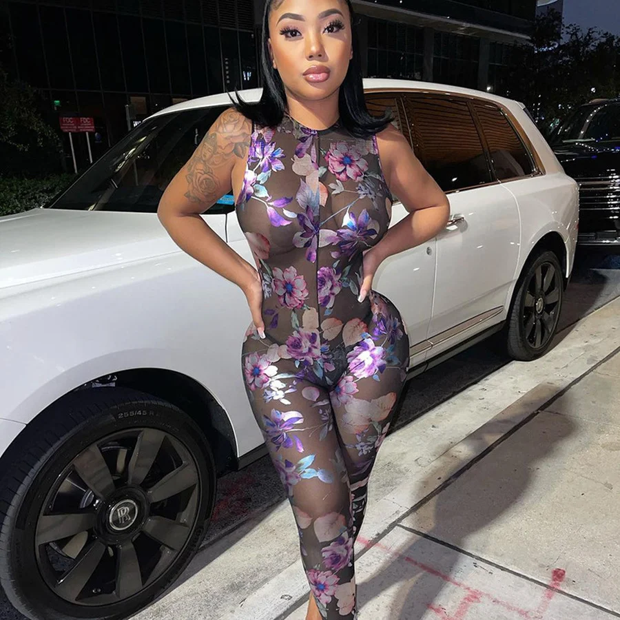 

Женский цельный комбинезон с цветочным принтом, сетчатый комбинезон без рукавов, с открытой спиной и вырезами, длинные брюки, Клубная одежд...