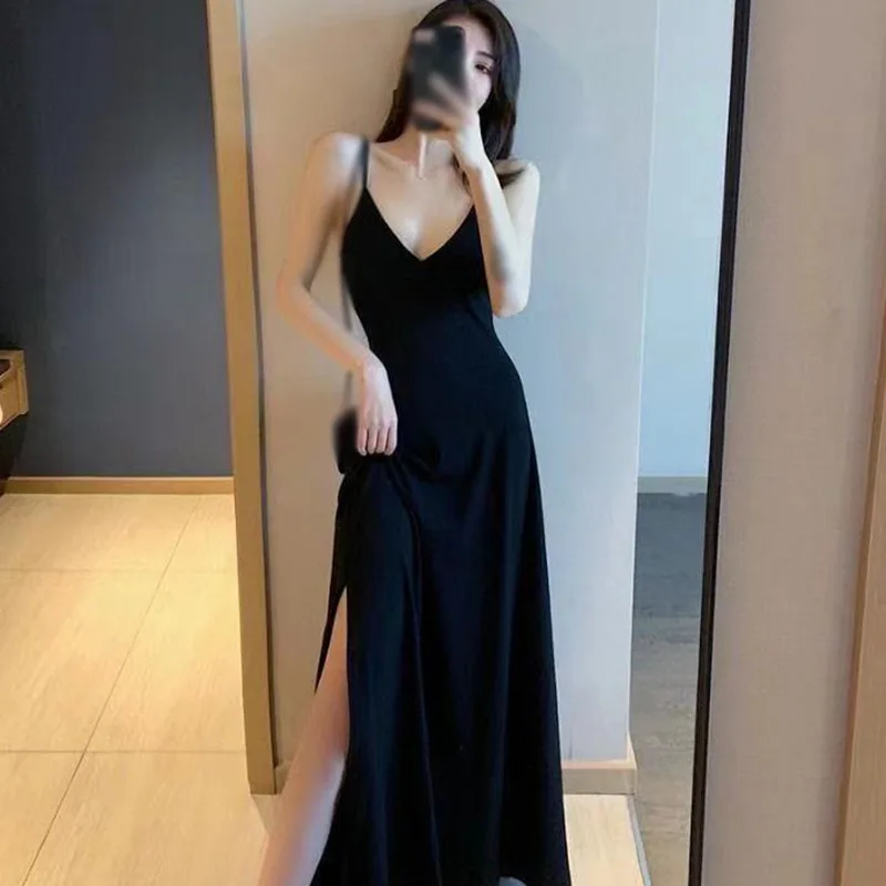 

Summer Solid Color Slim Long Halter Lady Split Dress Women Temperament Sexy Thin Shoulder Strap V-Neck Suspender Skirt