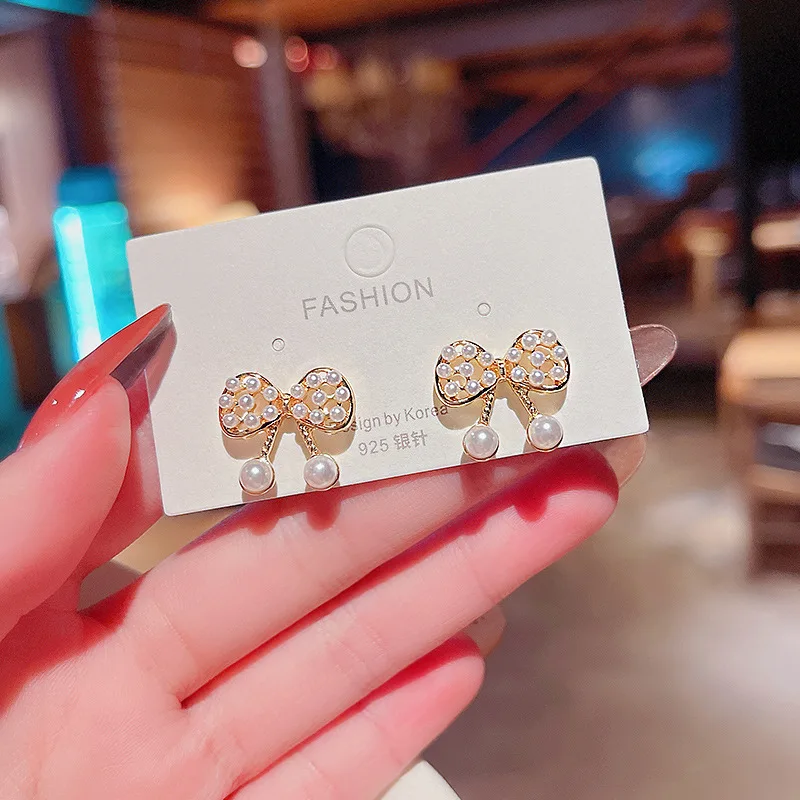 

S925 Silvers 2021 New Bow Pearl Pendant Earrings Women's Bohemian Jewellery for Women Classic Fashion Earrings Simple Trend