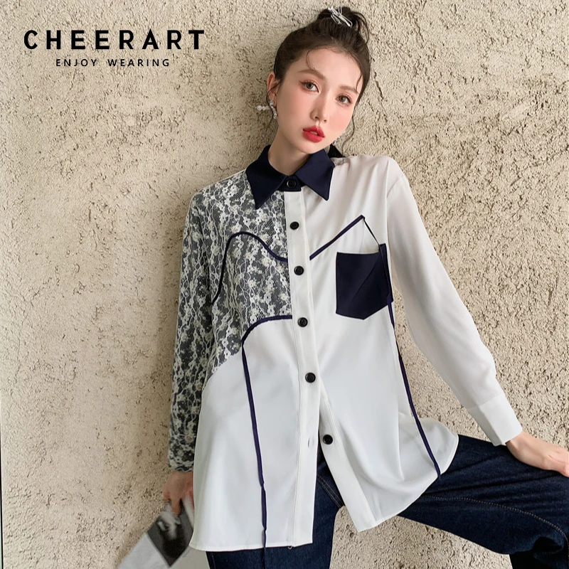

Черно-белая кружевная Лоскутная рубашка CHEERART на пуговицах, осень 2021, женская модная дизайнерская блузка с длинным рукавом, одежда