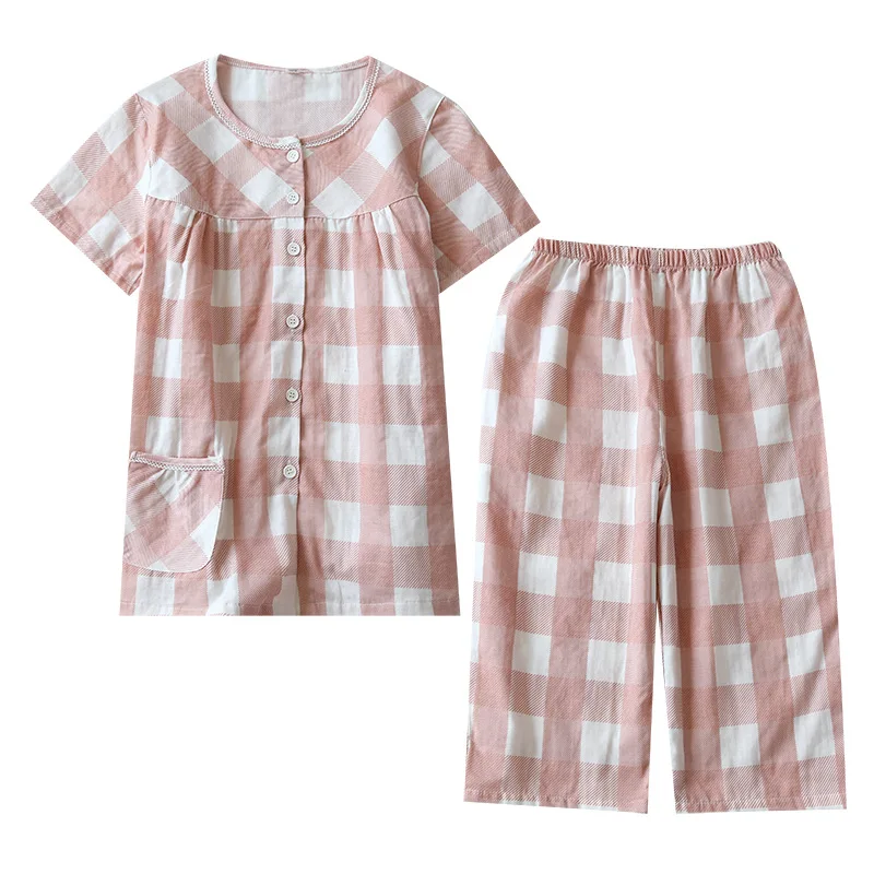 

New plaid pajamas ladies spring and summer thin section short-sleeved cropped trousers cotton two-piece suit home service women