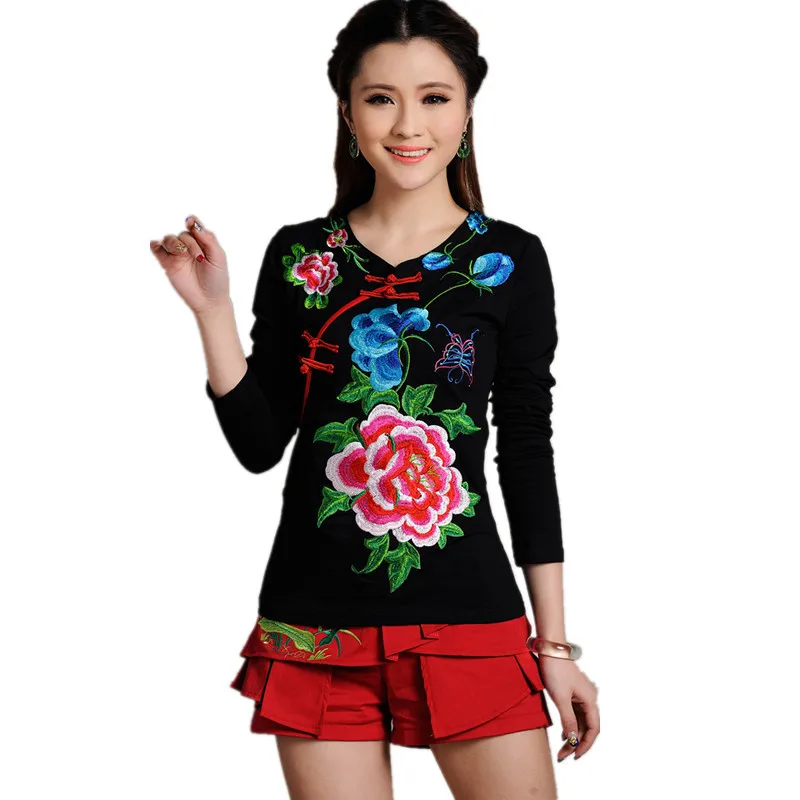 Весенне-осенняя женская футболка с вышивкой Blusas с длинным рукавом 5XL размера плюс качественные топы, женские хлопковые футболки - Цвет: 6251Style Four