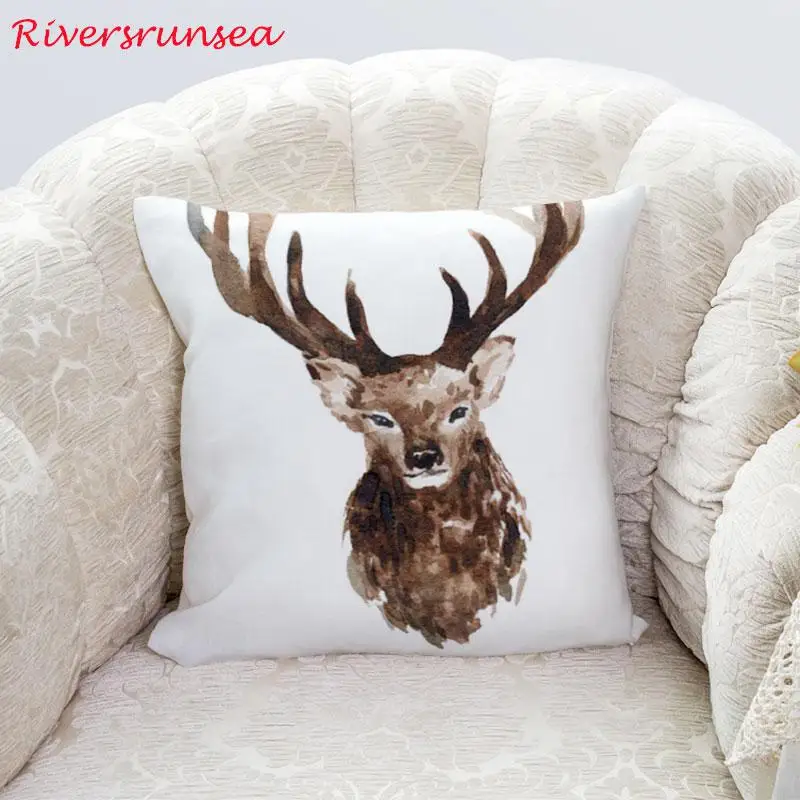 Nordic Style Decoration Deer Pillow Hand Animal Watercolor Ink Forest Fox Cushion Christmas Tree For Creative Living Room Chair | Дом и сад