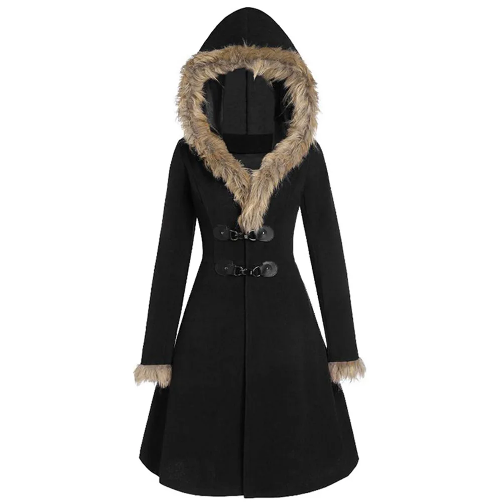 

Women' Winter Jacket Faux Fur Hat Cuffs Long Sleeves Alloy Leather Buttons Slim Double-sided Woolen Mid-length Coat Windbreaker