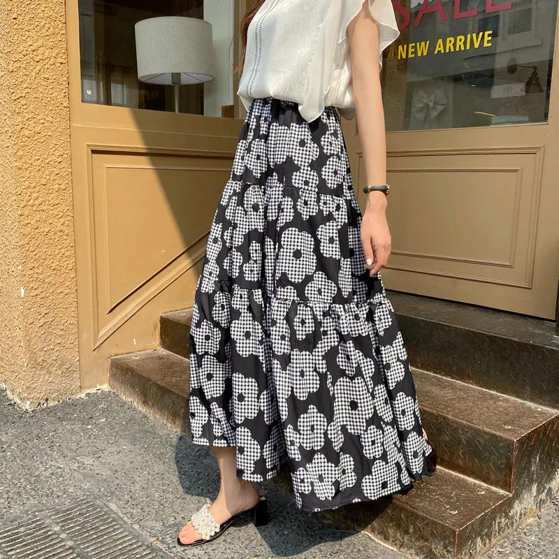 

Limiguyue Summer Fashion Women Floral Print Skirt Sweet Elastic Waist Flower Elastic Waist Plaid Long Skirt Femme Harajuku K1205
