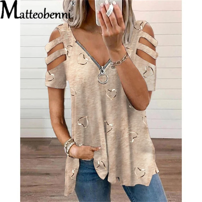 

Women's 2021 Summer Fashion Love Heart Print V-Neck Zipper T-Shirt Hollow Pullover Casual Loose Oversize Ladies Tops Tee Shirt