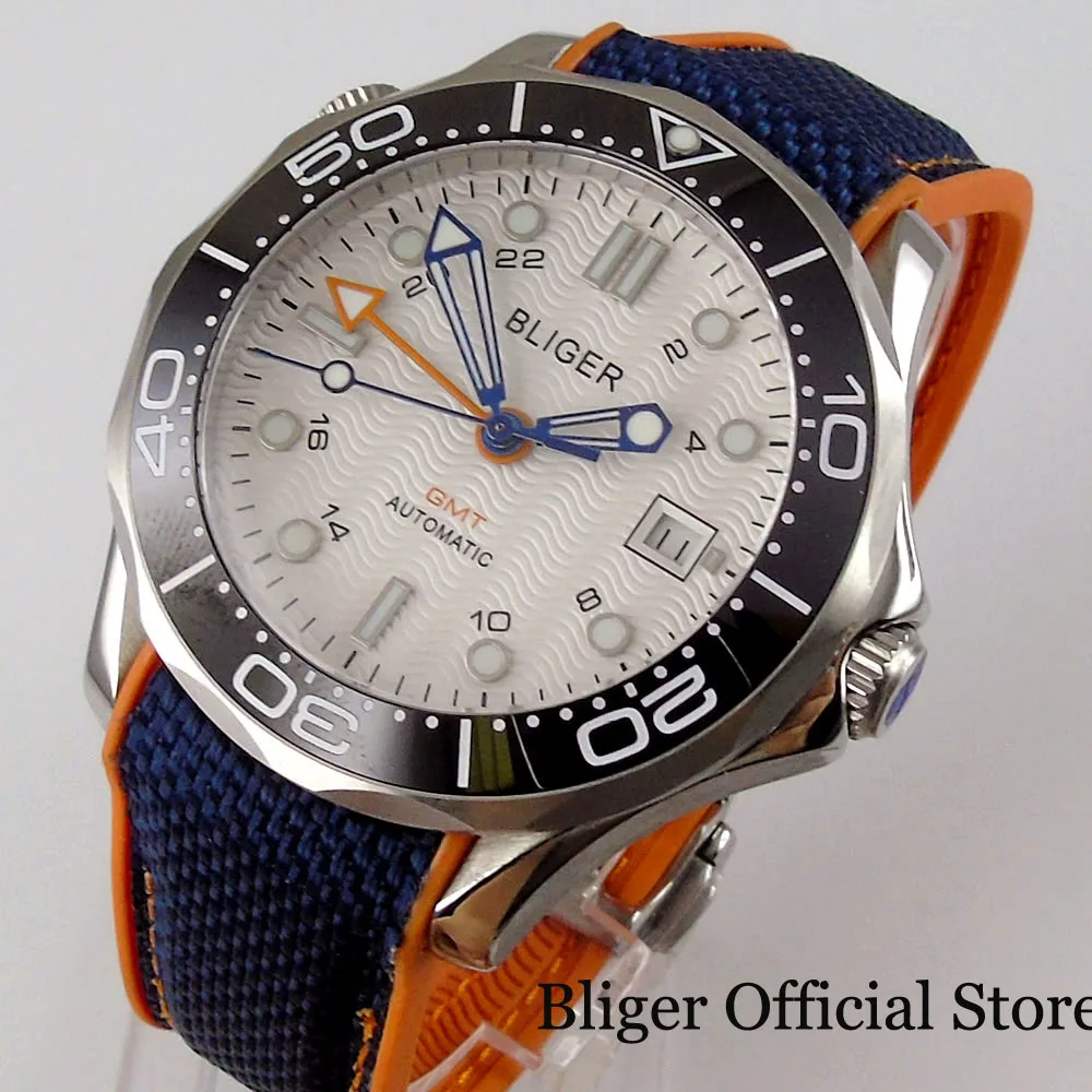 BLIGER белые мужские наручные автоматические часы GMT винтовая Корона сапфировое